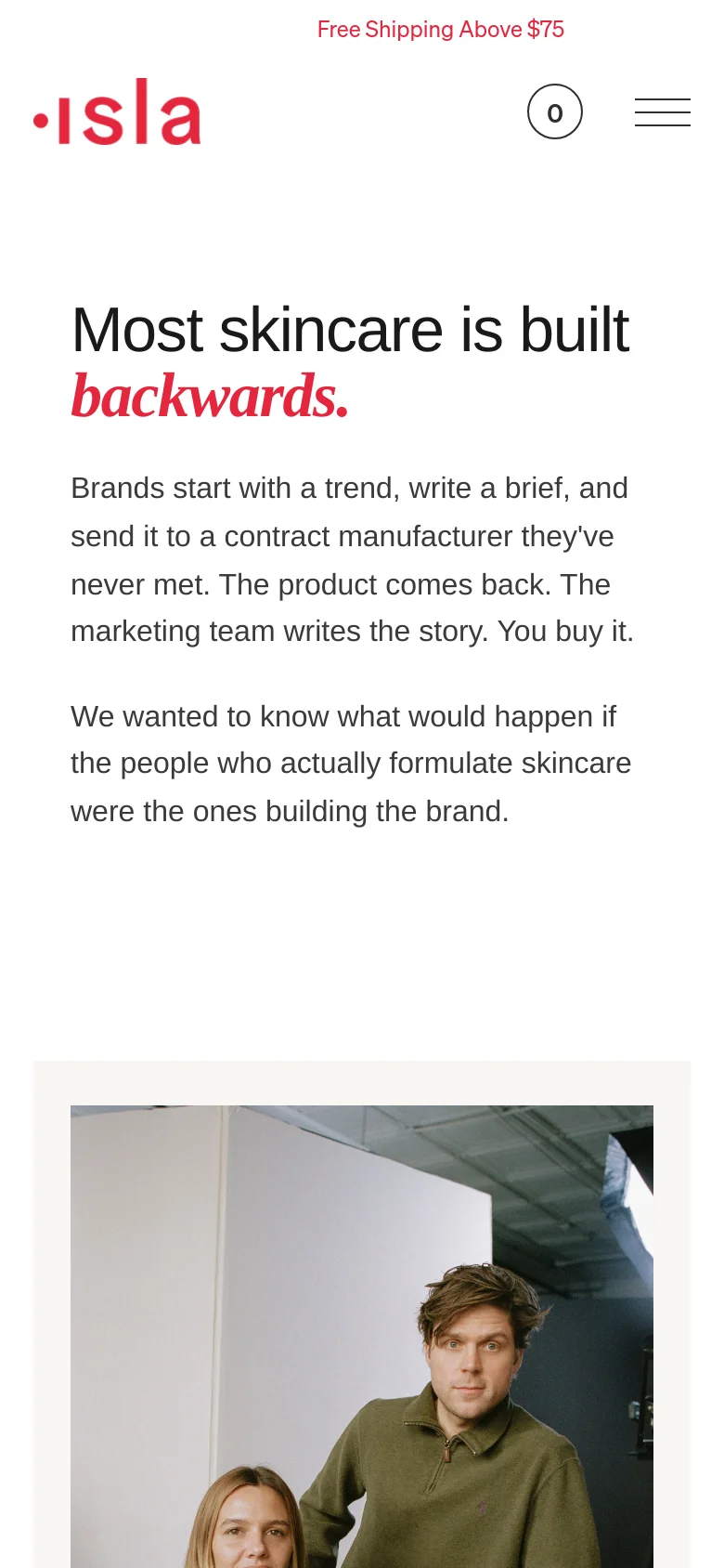 The mobile version presents a single-column layout optimized for vertical scrolling, with the large headline and text stacked vertically. The top navigation is condensed into a hamburger menu icon next to the Isla logo and a circular cart icon. The co-founder photograph is positioned below the introductory text, spanning the width of the screen.