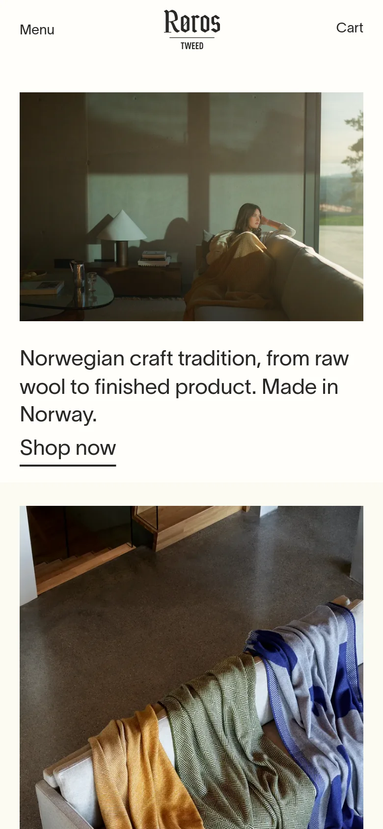 The mobile version simplifies the navigation to a 'Menu' link on the left, the logo in the center, and 'Cart' on the right. The hero section follows a vertical stack, showing a lifestyle image of a person with a blanket on a sofa, followed by the primary headline and 'Shop now' link. The layout is optimized for vertical scrolling on a single column.