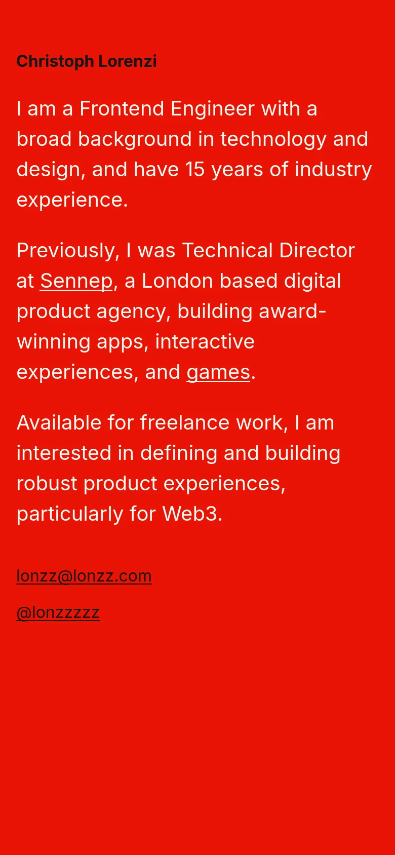 The mobile version maintains the solid red background and dark gray text but uses a centered layout. The typography is larger and more spaced out to accommodate the narrow vertical screen, with the contact links positioned at the bottom.