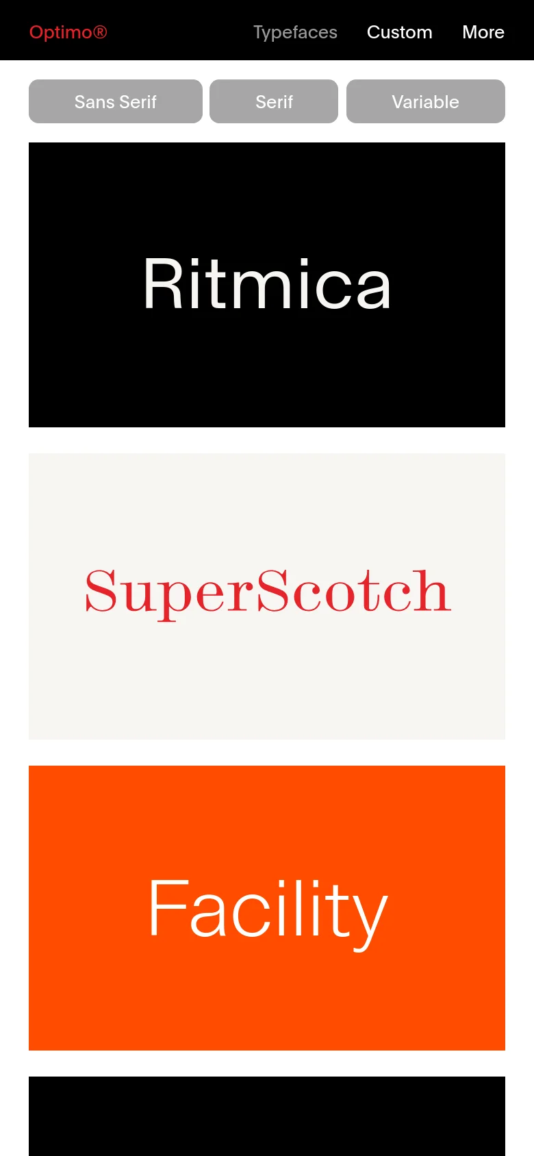 The mobile version simplifies the layout into a single-column view. The typeface list is replaced by a horizontal scrolling menu of filter buttons at the top. The large typeface showcase tiles, such as 'Ritmica' and 'SuperScotch', span the full width of the screen for easier viewing.