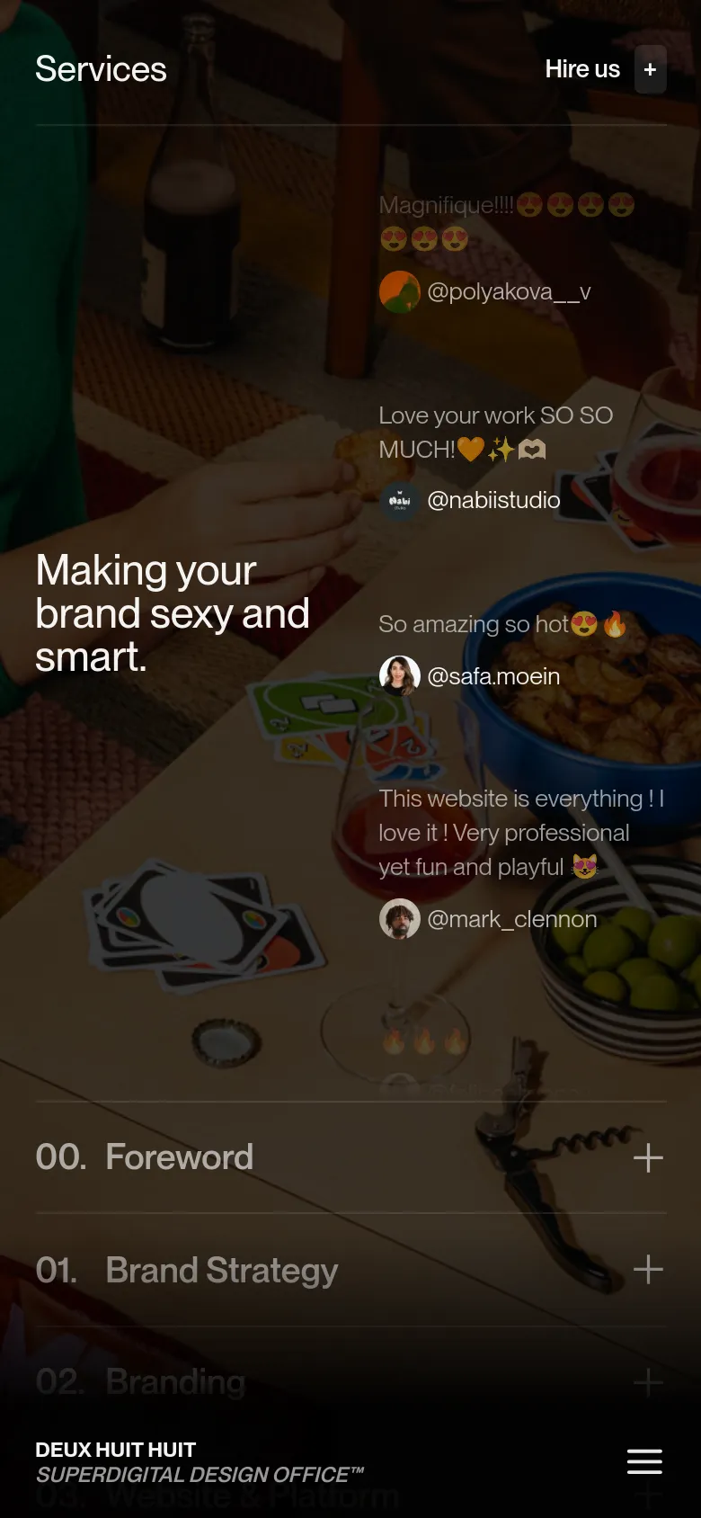 The mobile version uses a full-screen background image of a lifestyle scene with warm lighting and social media comments floating across it. The headline 'Making your brand sexy and smart' is prominently displayed in white text. A bottom navigation bar and a hamburger menu are present, and the service list is presented as expandable accordion items with plus icons.