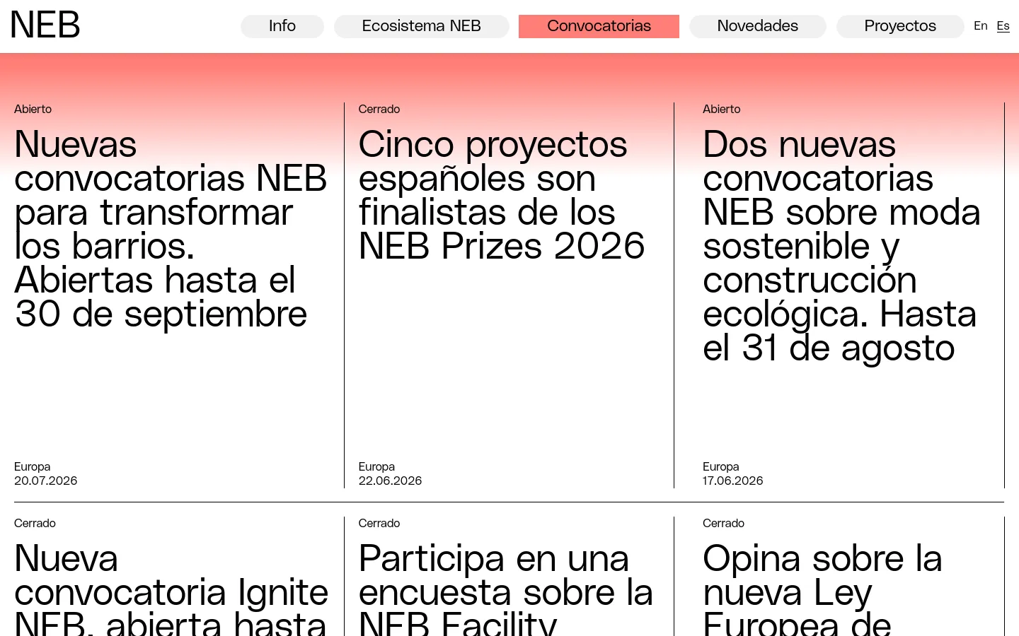 The Convocatorias page features a grid layout of calls for proposals against a soft red and pink gradient background. Each card contains a status label like 'Abierto' or 'Cerrado', a large bold headline, the region 'Europa', and a date. The desktop navigation bar at the top includes links for Info, Ecosistema NEB, Convocatorias, Novedades, and Proyectos.