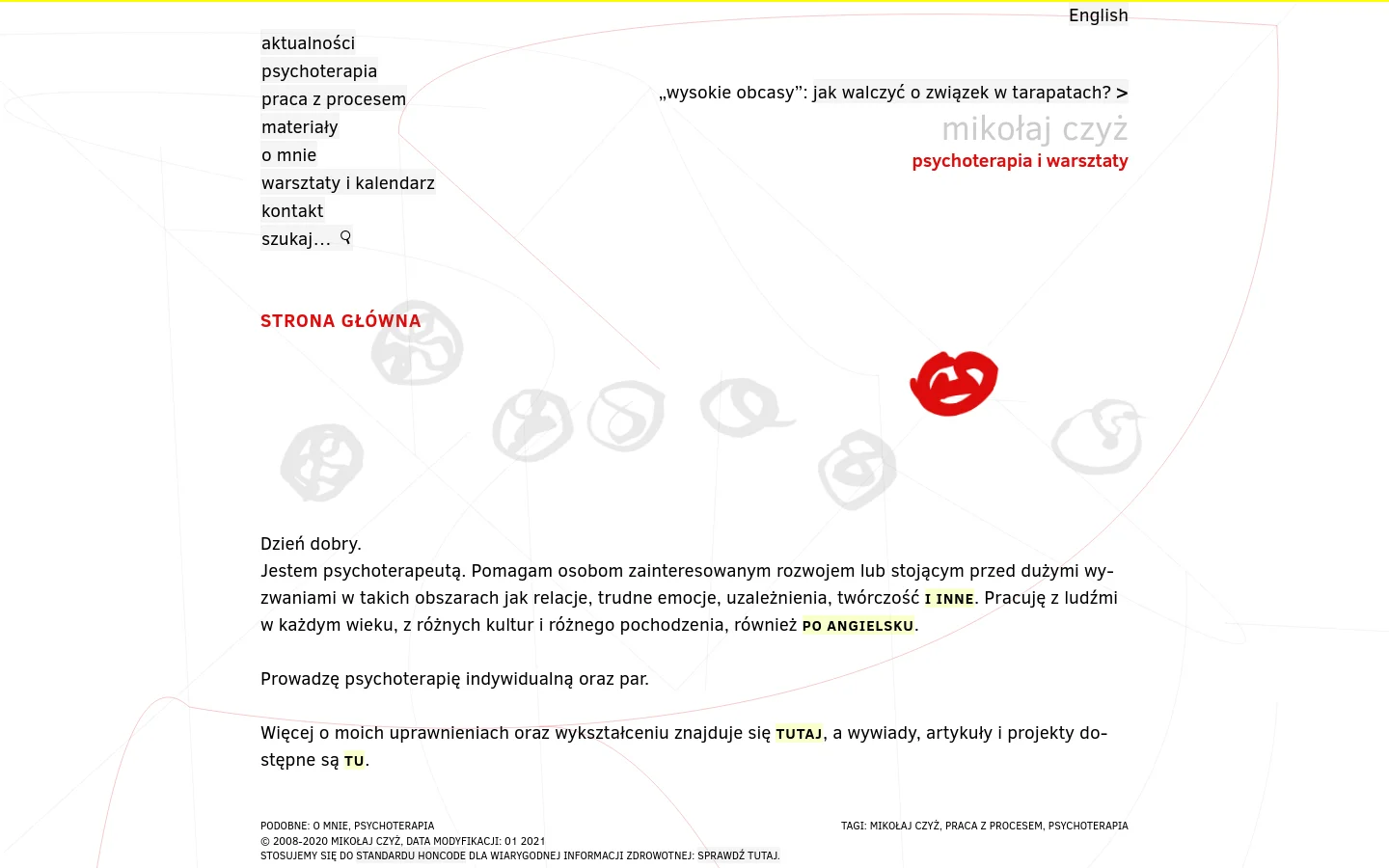 The desktop homepage features a minimalist design with a white background and thin red accent lines. The header includes the name Mikołaj Czyż, a navigation menu, and language options, while the hero section contains abstract line drawings of faces and a greeting in Polish. The main content area uses clean typography to introduce the psychotherapist's services and expertise.