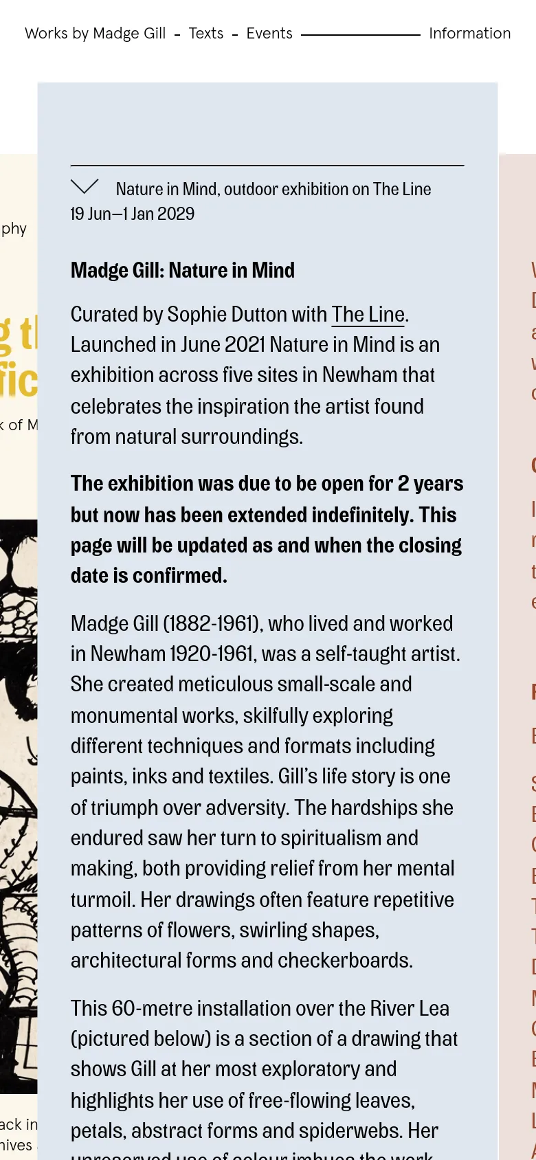 The mobile version presents a single-column layout optimized for vertical scrolling. The header navigation is simplified, and the hero image and text content are stacked vertically. The light blue event section spans the full width of the screen, making the accordion-style text easier to read on a smaller display.