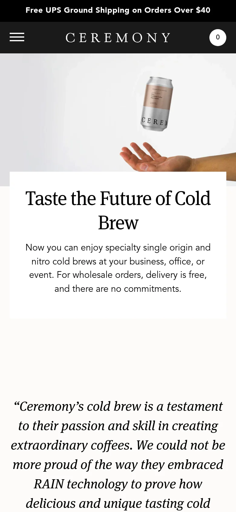 Mobile view of the Cold Brew page with a condensed layout. The hero image shows the hand holding the cold brew can, but the text 'Taste the Future of Cold Brew' is moved into a white content block below the image. The header features a hamburger menu icon on the left, the brand logo in the center, and a shopping cart icon on the right, all set against a black background.