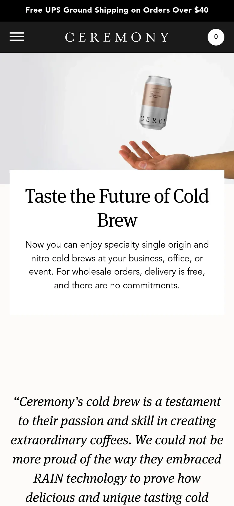 Mobile view of the Cold Brew page with a condensed layout. The hero image shows the hand holding the cold brew can, but the text 'Taste the Future of Cold Brew' is moved into a white content block below the image. The header features a hamburger menu icon on the left, the brand logo in the center, and a shopping cart icon on the right, all set against a black background.