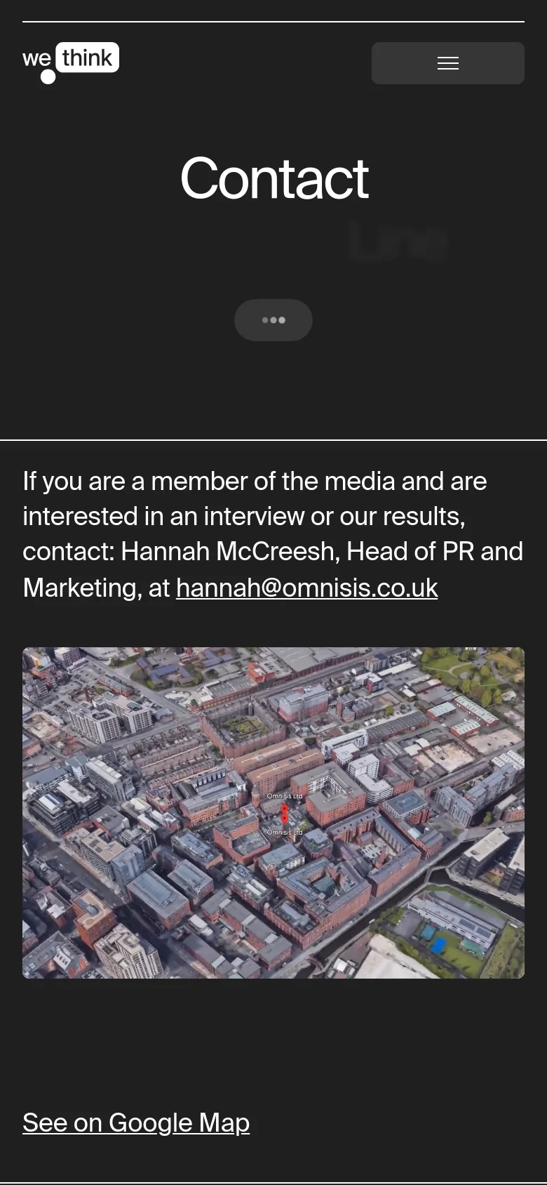The mobile version maintains the dark theme but uses a stacked single-column layout. The 'Contact' headline and media contact text appear first, followed by the aerial cityscape image and a 'See on Google Map' link below it. The top navigation is simplified to a hamburger menu icon next to the WeThink logo.
