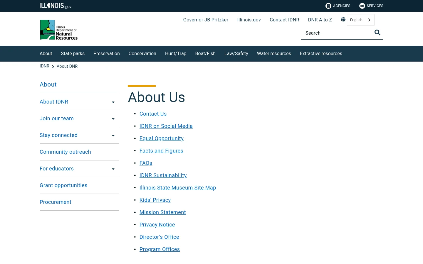 The desktop version of the About Us page features a white background with a dark blue navigation bar at the top. A large 'About Us' headline is followed by a vertical list of blue text links including Contact Us, Equal Opportunity, and Mission Statement. A left-hand sidebar provides secondary navigation links for About IDNR, Join our team, and other departmental sub-sections.