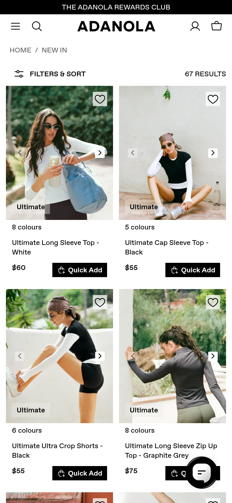 The mobile version features a simplified layout with the filtering options condensed into a 'FILTERS & SORT' button at the top. The product grid shifts to a single or double column view to accommodate the smaller screen, prioritizing large imagery of the clothing items. The navigation is streamlined with a hamburger menu, search icon, user profile, and shopping bag icon at the top.