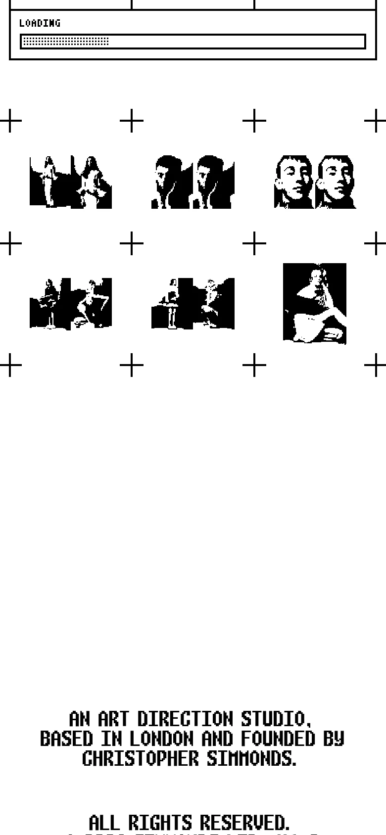 The mobile version maintains the high-contrast black and white aesthetic but reorganizes the project thumbnails into a single-column vertical scroll. The text remains centered and legible, and the navigation elements like the plus signs are spaced for touch interaction.