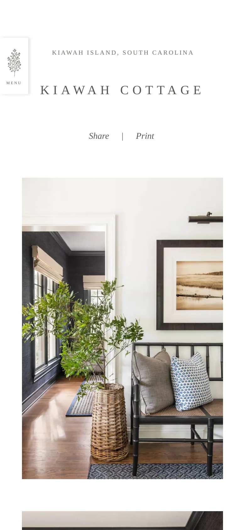 Mobile version of the Kiawah Cottage page with a condensed layout. The navigation is tucked into a 'Menu' icon on the left, while the centered text and large interior hero image scale to fit the narrow screen width.