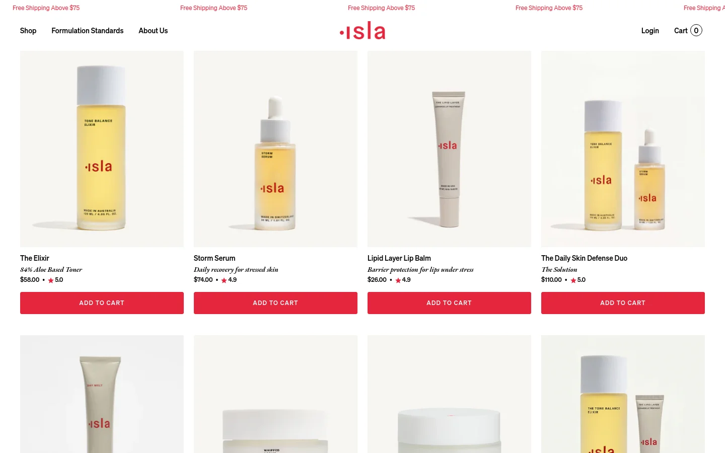 The desktop shop page features a clean, minimalist grid layout on a light beige background. Product cards include high-quality imagery of skincare bottles, product names, descriptions, prices, star ratings, and red 'ADD TO CART' buttons. The header contains the Isla logo in red, navigation links for Shop, Formulation Standards, and About Us, and links for Login and Cart.