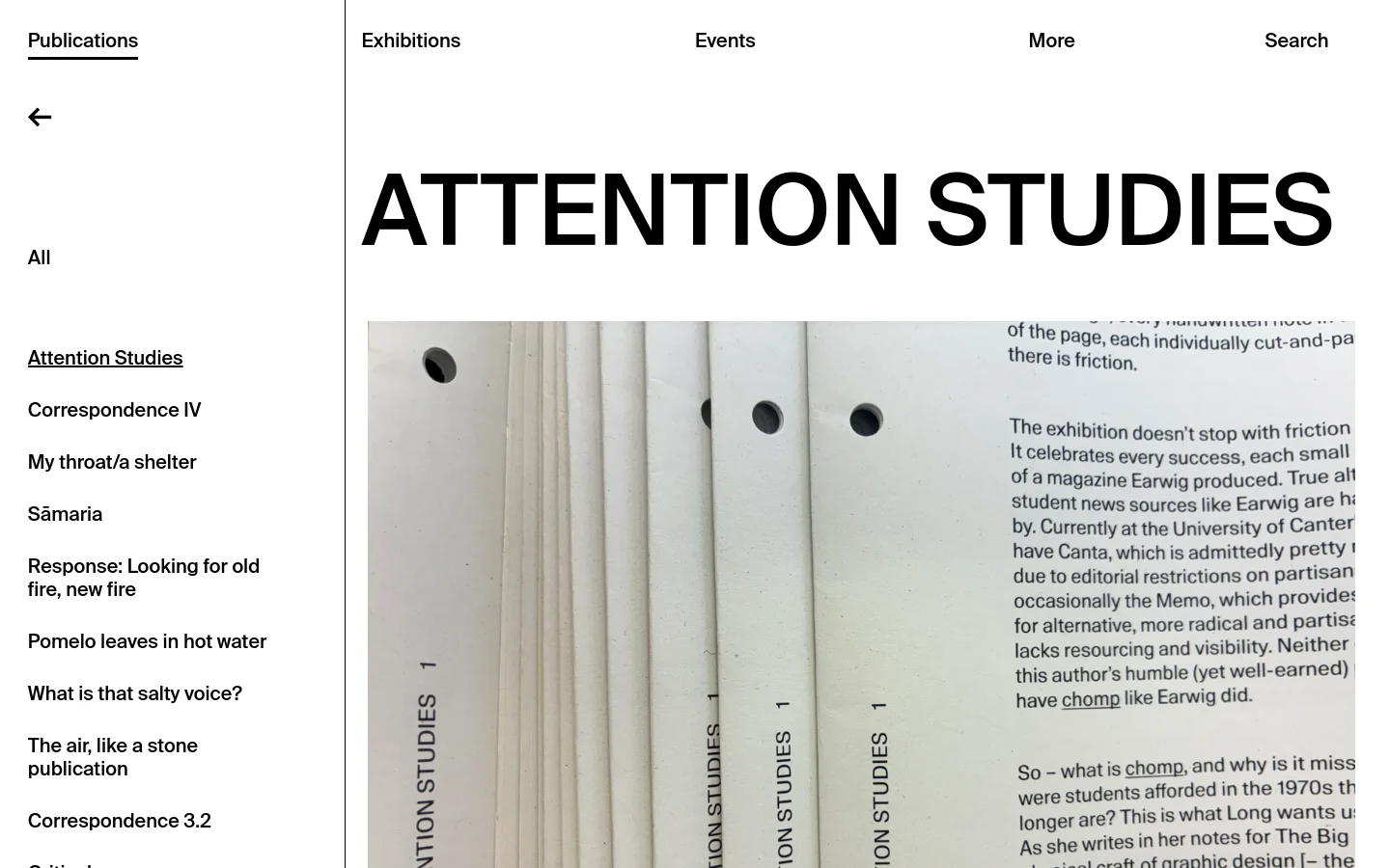 The desktop page features a minimalist white layout with a sidebar navigation on the left and a large heading 'ATTENTION STUDIES' at the top right. A large hero image showing a close-up of printed text and paper edges sits below the heading, followed by descriptive text and a list of contributors. The design uses clean black typography on a white background.