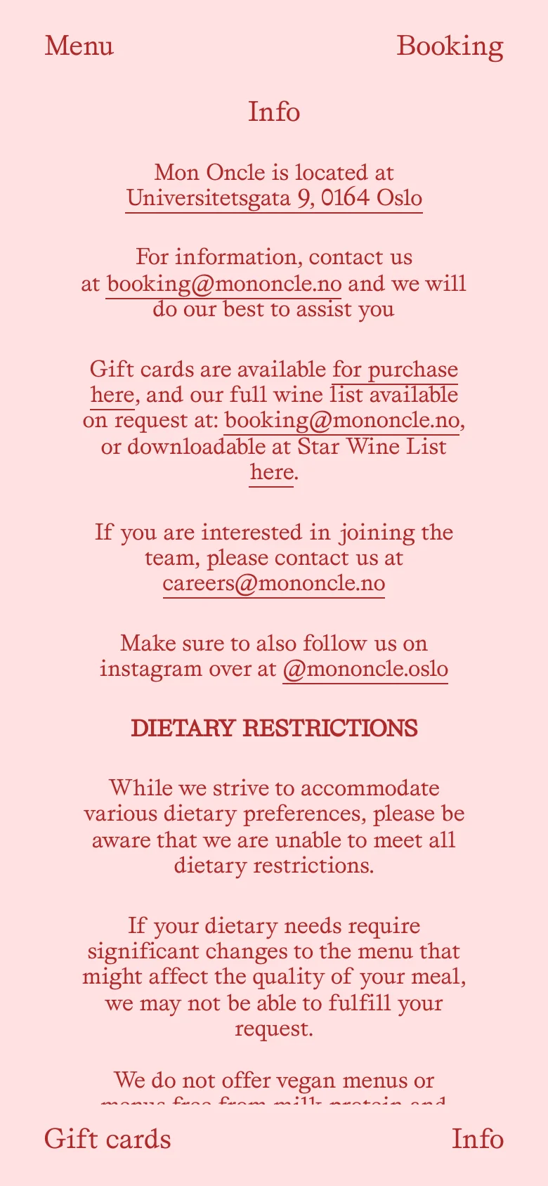 The mobile version maintains the soft pink background and dark red serif typography but uses a single-column vertical layout. The navigation links are repositioned to the top and bottom of the screen to accommodate the narrow viewport, with the main content centered vertically.