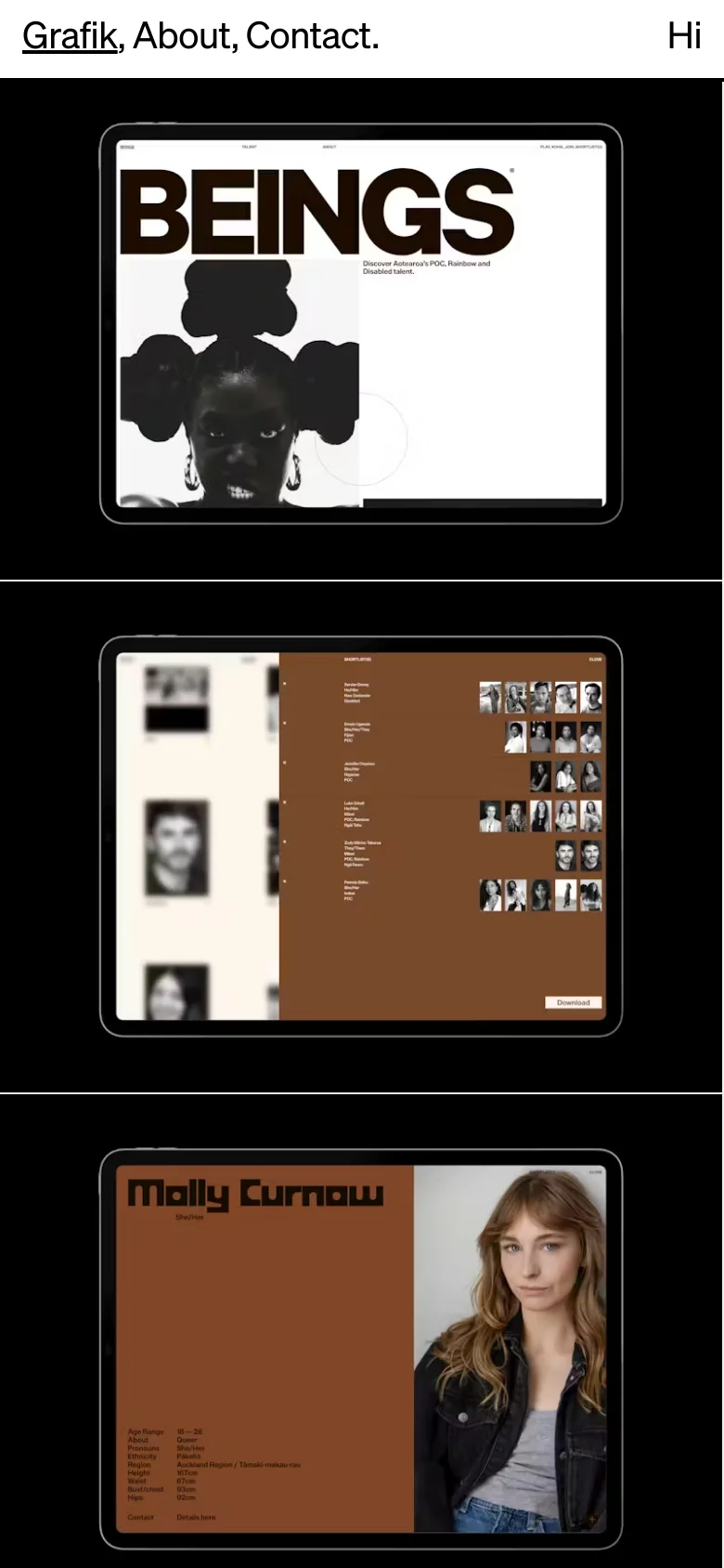 The mobile version maintains the minimalist aesthetic but transitions to a vertical, single-column scrolling layout. The navigation links and large portrait images are stacked vertically to fit the narrow screen, ensuring the imagery remains the central focus of the experience.