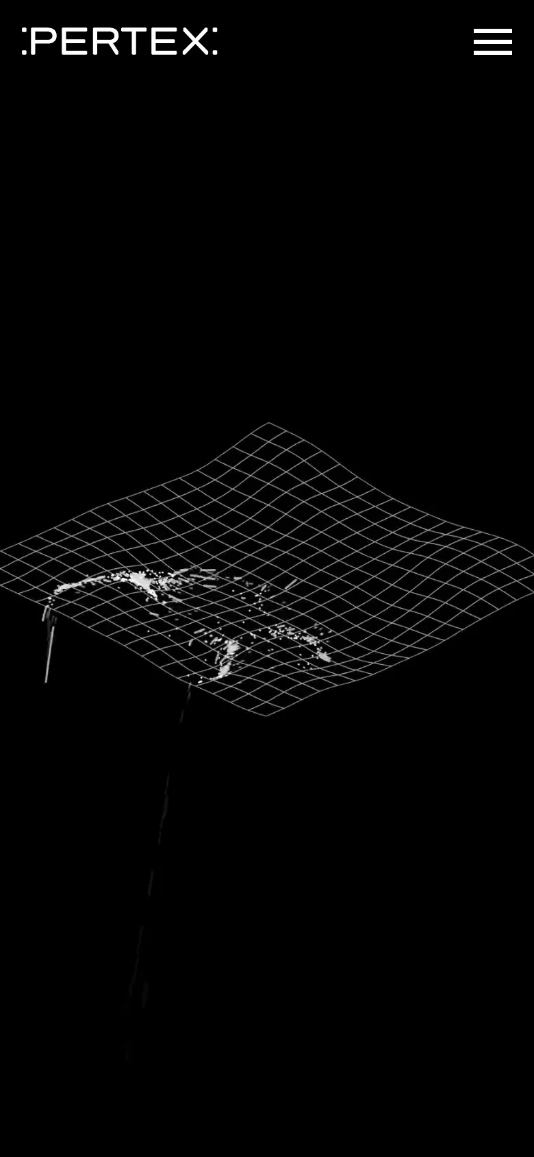 The mobile version maintains the dark aesthetic and 3D wireframe hero imagery but uses a vertical layout. The 'FABRICS' headline and introductory text are stacked vertically below the large wireframe graphic, and the navigation menu is condensed into a hamburger icon at the top right.