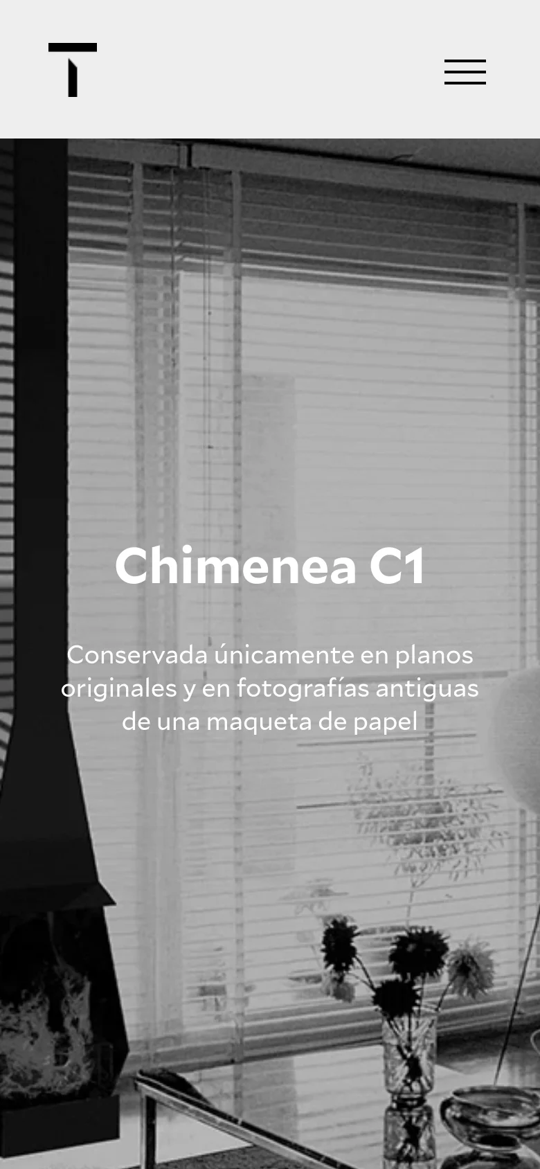 The mobile version displays a simplified white header with the black logo on the left and a three-line hamburger menu icon on the right. The large black and white hero image of the modern interior and fireplace fills the width of the screen, with the 'Chimenea C1' title and description centered over the image.