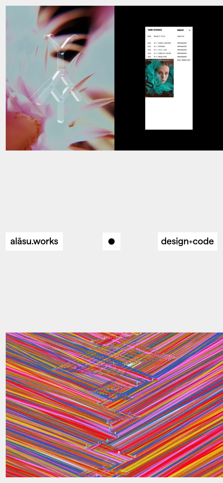 The mobile version maintains the minimalist light gray aesthetic but transitions to a single-column vertical layout. The 'design + code' hero text and project tiles are stacked vertically for easier scrolling on a smaller screen.