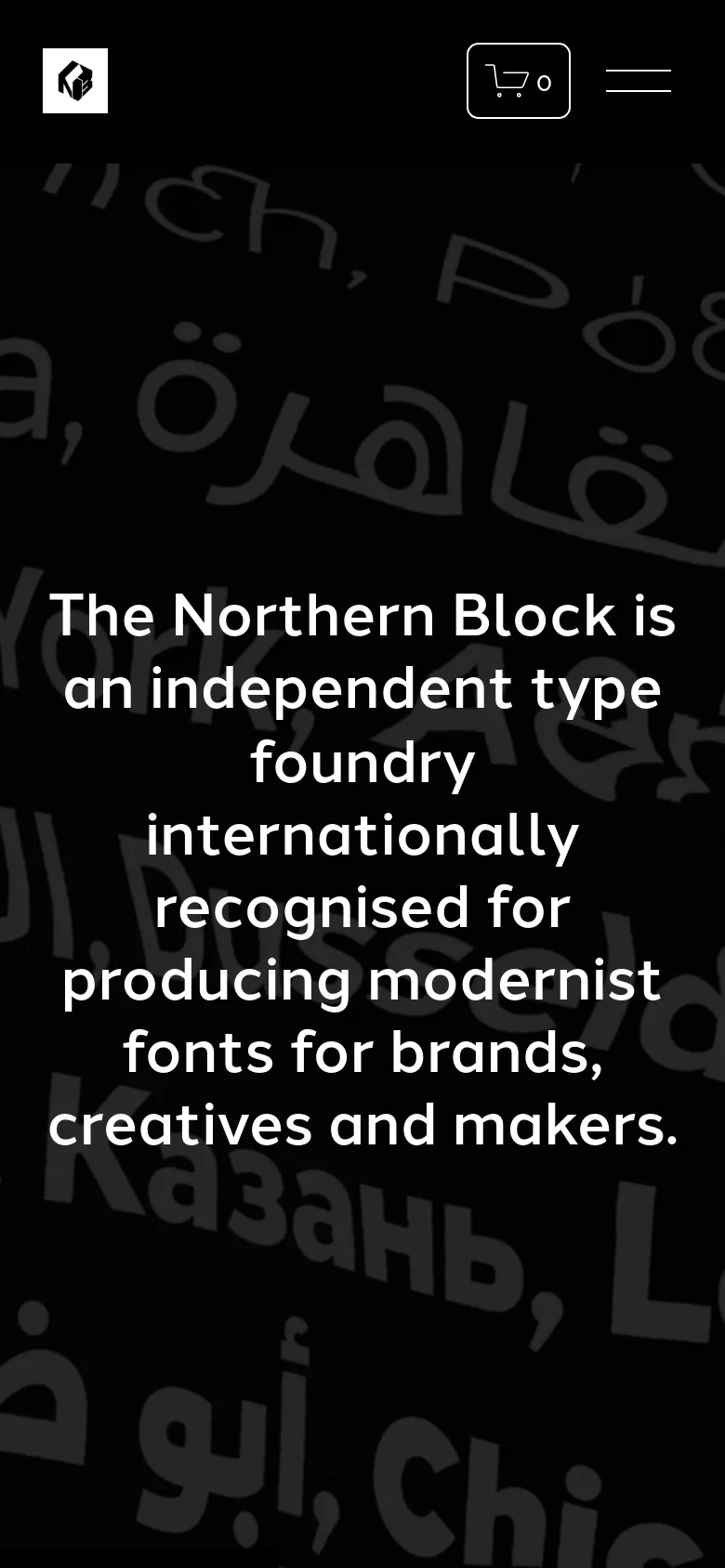 The mobile version maintains the minimalist white and black aesthetic but uses a single-column vertical layout. The font specimen images and their corresponding descriptions are stacked vertically for easier scrolling on a narrow screen.
