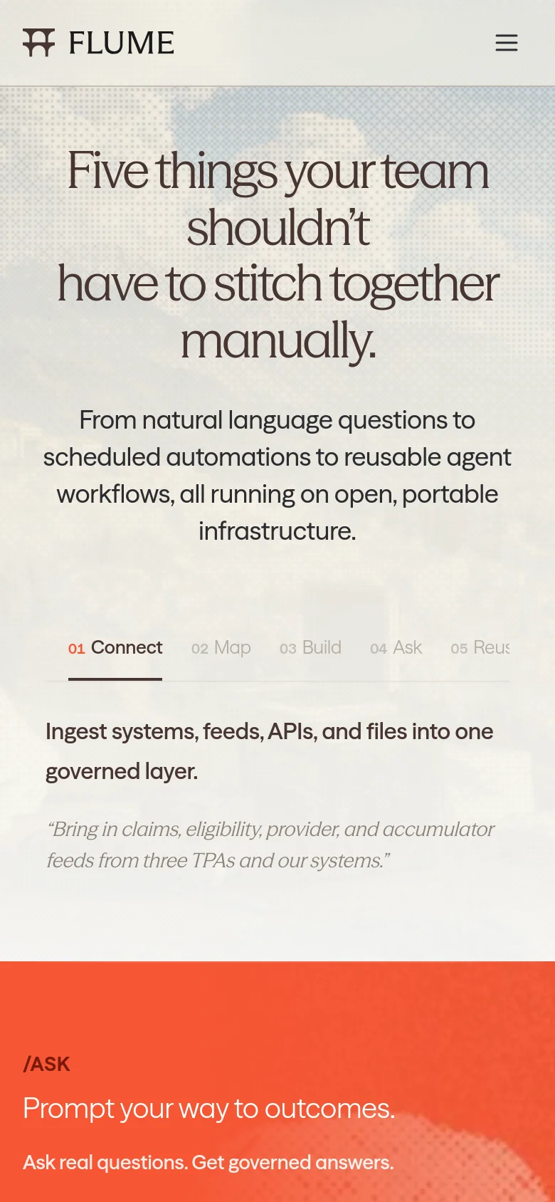 The mobile version simplifies the layout with a hamburger menu icon in the top right and the Flume logo on the left. The hero headline and subtext are centered, and the five-step progress bar is condensed into shorter text labels like '01 Connect' and '02 Map'. The bottom section transitions into a vibrant orange background with white text.