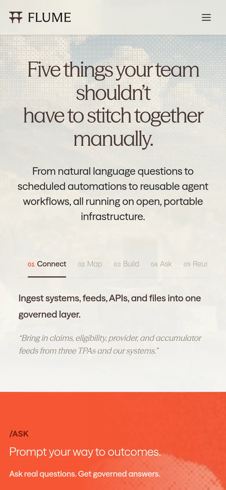 The mobile version simplifies the layout with a hamburger menu icon in the top right and the Flume logo on the left. The hero headline and subtext are centered, and the five-step progress bar is condensed into shorter text labels like '01 Connect' and '02 Map'. The bottom section transitions into a vibrant orange background with white text.