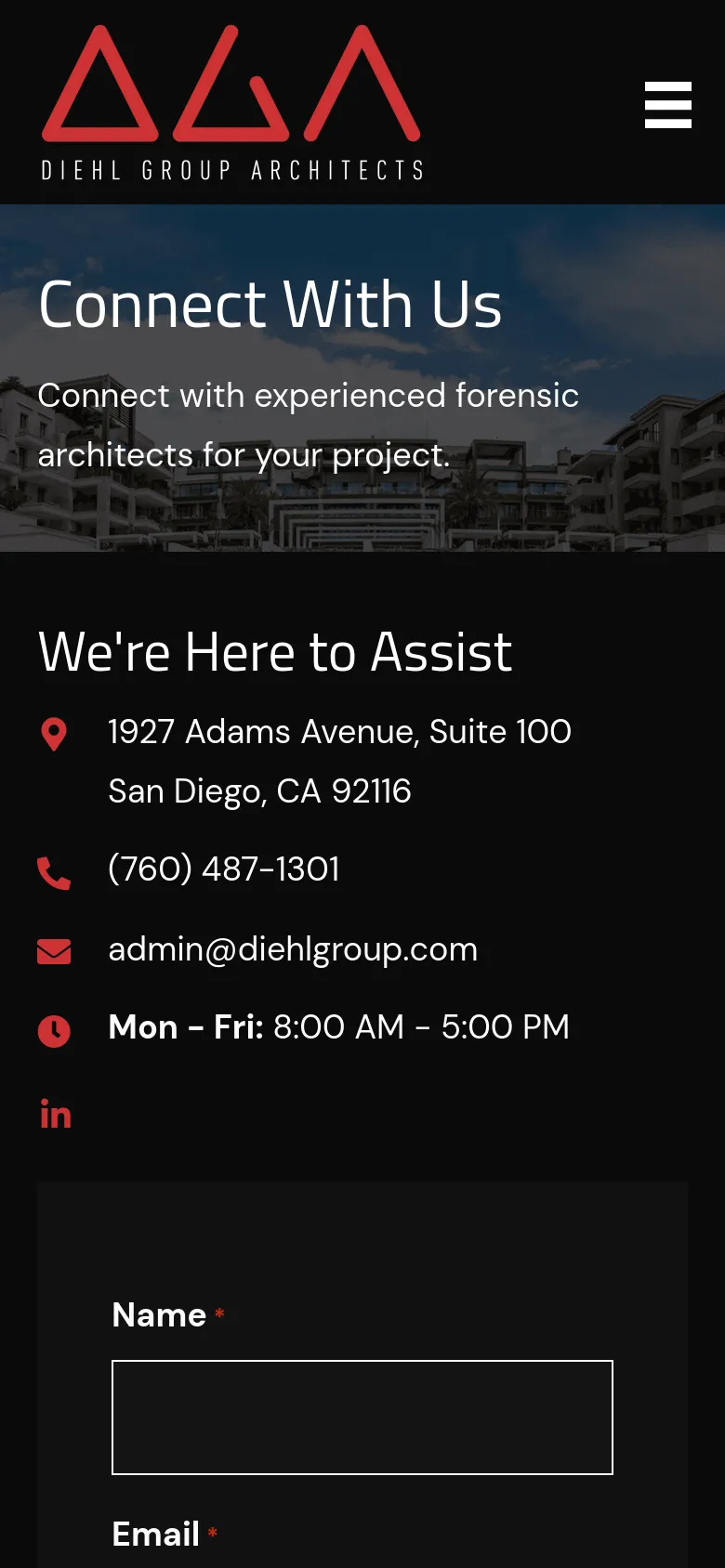 The mobile version uses a simplified vertical layout with a hamburger menu icon in the header. The hero section is condensed, followed by a single-column stack of contact information and the contact form, optimized for vertical scrolling on a smaller screen.