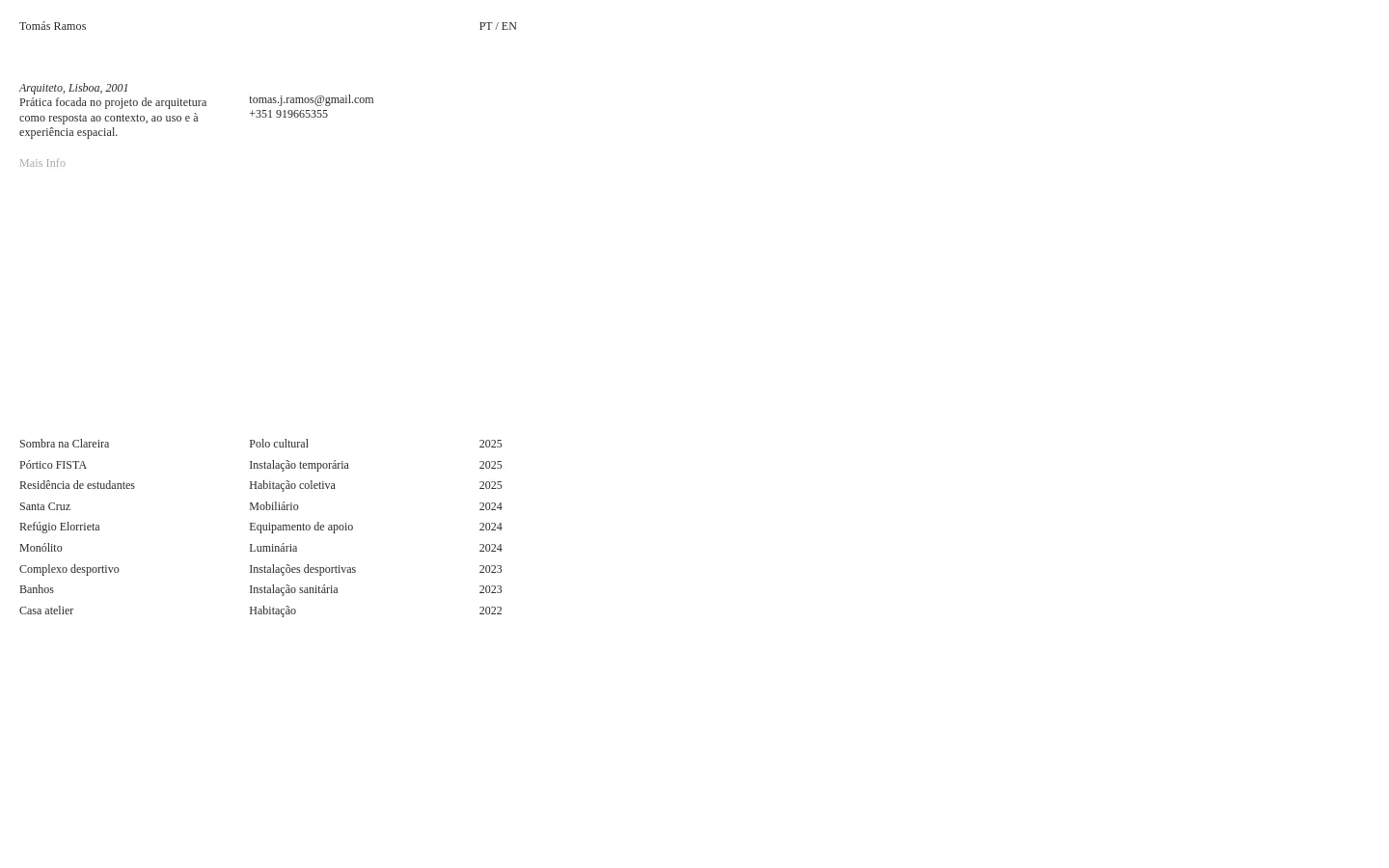The desktop homepage features a minimalist white layout with black serif text. The header includes the name Tomás Ramos, language toggles, and professional details, while the body displays a vertical grid of large architectural project images with titles, categories, and years listed alongside them.