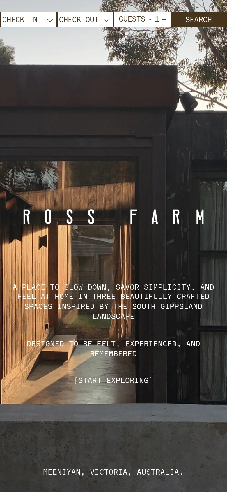 The mobile version presents a vertically oriented view of the same architectural hero image, focusing on the dark wood and glass textures of the building. The text and '[START EXPLORING]' button are centered over the image, while the booking interface is condensed at the top of the screen.