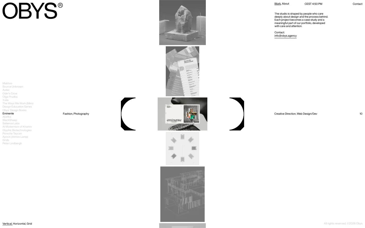 The Obys Agency homepage features a minimalist, high-contrast black and white design with a spacious layout. A large hero section showcases a series of vertically stacked, grayscale images including architectural structures, books, and a person, framed by large black parentheses. Navigation links for Work, About, and Contact are positioned at the top right, with the agency logo at the top left.