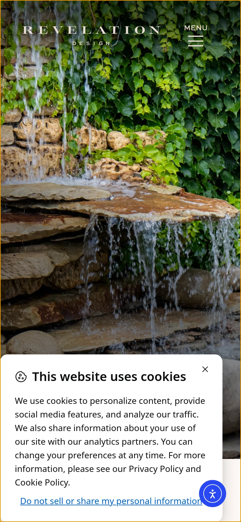 The mobile version displays the same lush garden waterfall hero image but uses a simplified layout. The top navigation is replaced by a 'MENU' hamburger icon next to the logo, and the text content is stacked vertically for easier scrolling on a smaller screen.