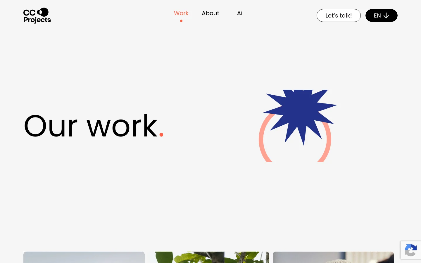 The desktop page features a minimalist white background with a large 'Our work.' headline and a blue starburst graphic. A navigation bar at the top includes the CC Projects logo, links for Work, About, and Ai, a 'Let's talk!' button, and a language selector. Below the hero section, a grid of project cards displays large images, project titles, and service categories.