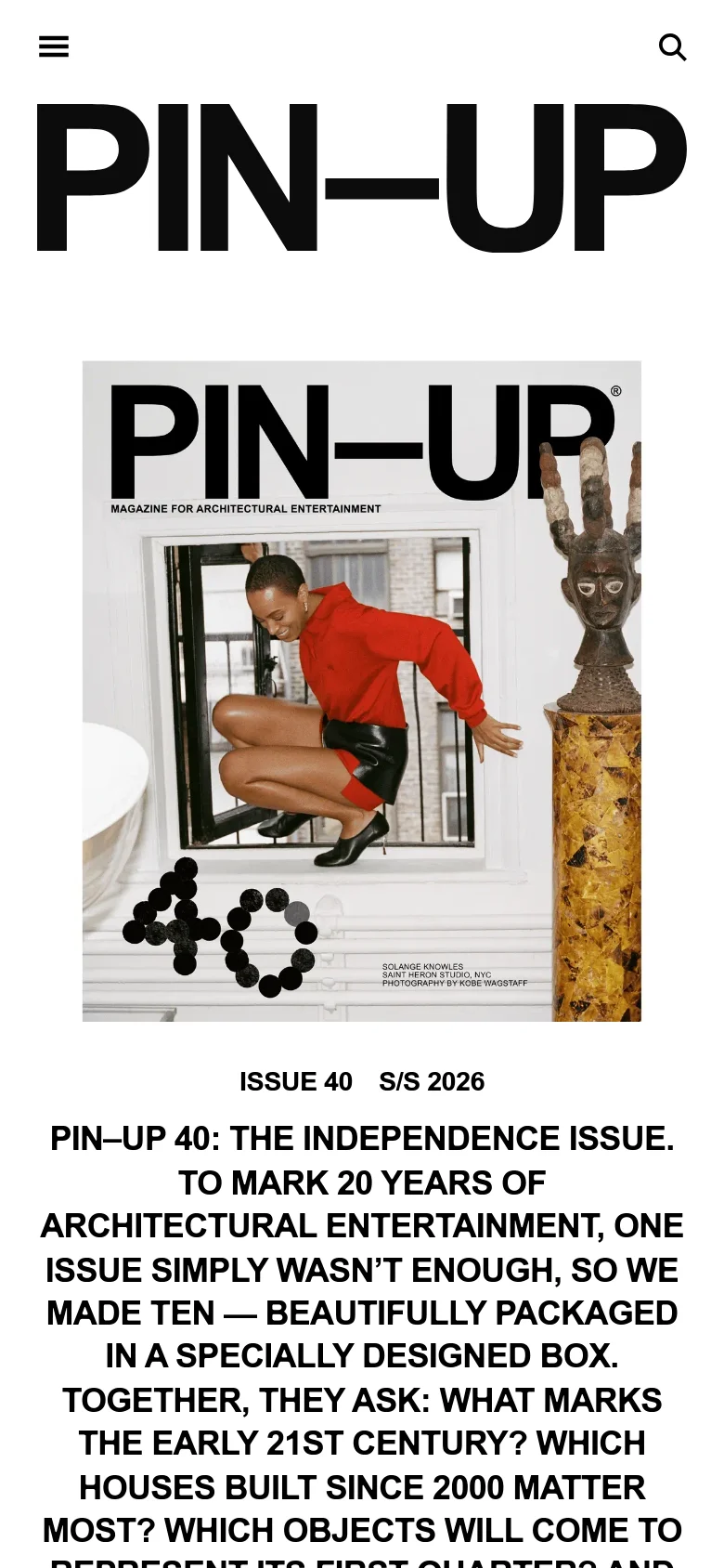 The mobile version maintains the bold black 'PIN-UP' masthead but scales it to fit the screen width, with a hamburger menu on the left and a search icon on the right. The featured magazine cover and issue description follow below, stacked vertically for a narrow viewport.