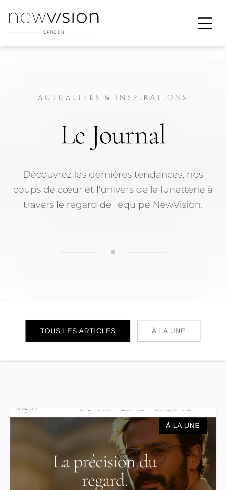 The mobile version maintains the clean white aesthetic but uses a simplified layout with a hamburger menu icon in the top right. The centered text and buttons are scaled for vertical scrolling, and the featured article section appears as a full-width card below the header.