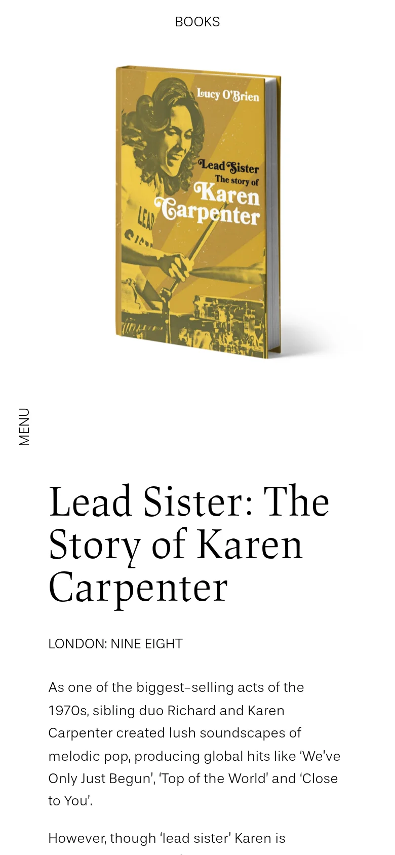 The mobile version uses a single-column stacked layout. The book cover image is centered at the top, followed by the 'BOOKS' category label, the large book title, and the publisher name. The descriptive text and menu label follow below the main imagery.