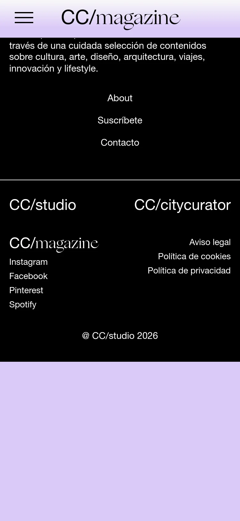 The mobile version simplifies the layout into a vertical stack on a dark background. A hamburger menu icon is visible at the top left next to the CC/magazine logo, and the footer links and social media profiles are arranged in a single column for easy scrolling.