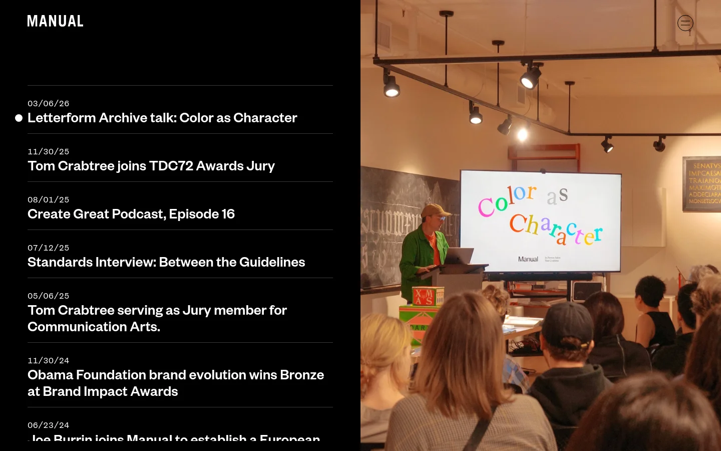 The desktop view features a split-screen layout with a dark left side containing a vertical list of news headlines and dates, and a large photographic right side showing a presentation titled 'Color as Character'. The design uses a minimalist aesthetic with white typography on a black background for the news feed.