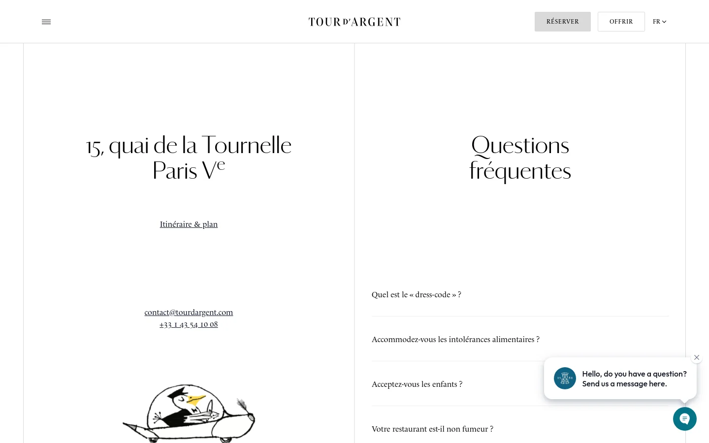 The desktop contact page features a minimalist white layout with a split-screen design. On the left, contact details including the address, map link, email, and phone number are displayed above a small illustration of a duck, while the right side contains a 'Questions fréquentes' FAQ section. The top navigation includes the restaurant logo, a 'RÉSERVER' button, and a language selector.