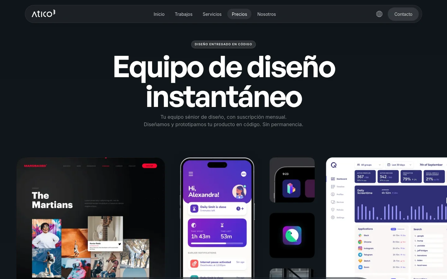 Desktop view of the Atico³ pricing page featuring a dark theme with white typography. The hero section displays the headline 'Equipo de diseño instantáneo' above a large, high-quality showcase of various UI/UX designs on laptop, mobile, and dashboard screens. A navigation bar at the top includes links for Services, Pricing, and a 'Contacto' button.