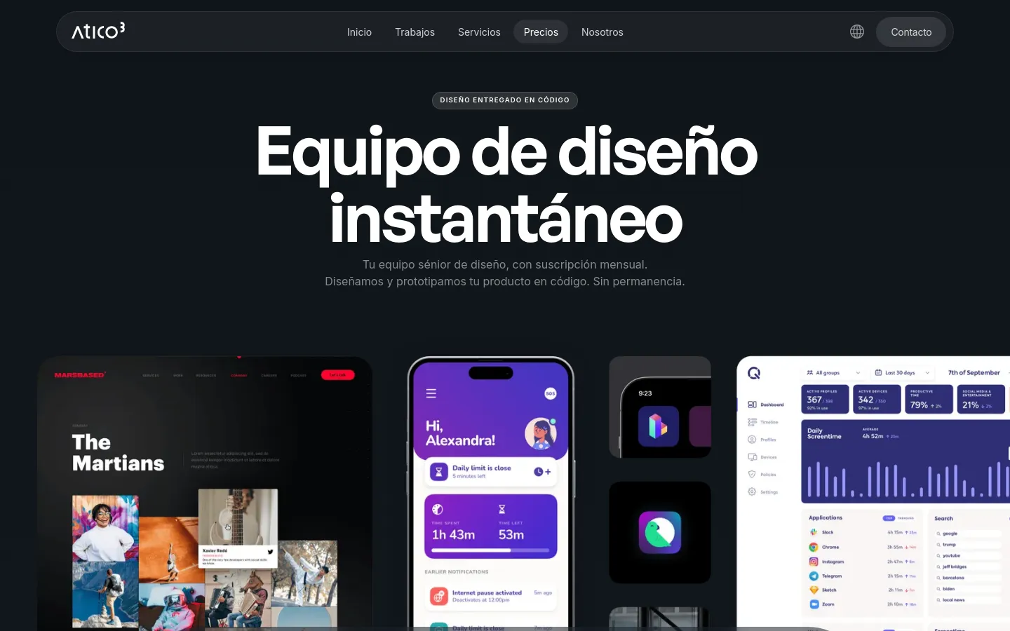 Desktop view of the Atico³ pricing page featuring a dark theme with white typography. The hero section displays the headline 'Equipo de diseño instantáneo' above a large, high-quality showcase of various UI/UX designs on laptop, mobile, and dashboard screens. A navigation bar at the top includes links for Services, Pricing, and a 'Contacto' button.