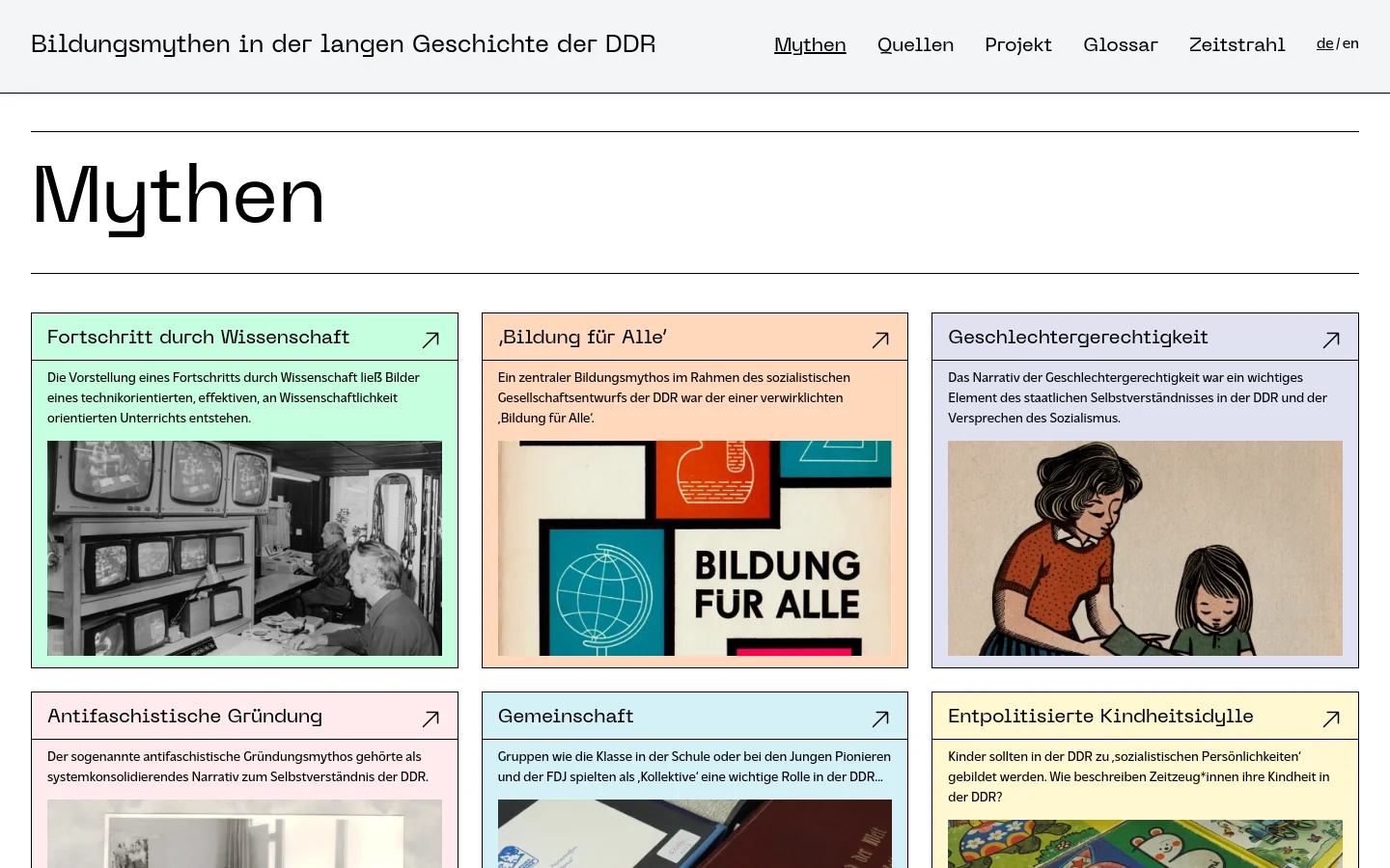 The desktop page features a clean white background with a navigation menu at the top. A large 'Mythen' headline is followed by a grid of rectangular cards, each containing a title, a brief description, and an image or graphic. Each card acts as a link with a small arrow icon in the top right corner.