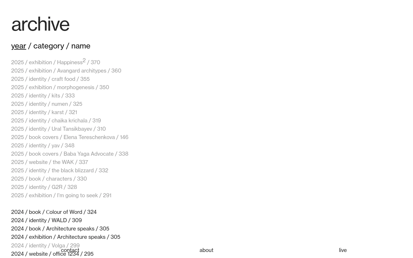 The desktop archive page features a minimalist design with a white background and black sans-serif typography. A large 'archive' heading is followed by a sub-navigation menu of 'year / category / name' and a long, vertically organized list of design projects categorized by year, type, and title. The footer contains simple text links for 'contact', 'about', and 'live'.