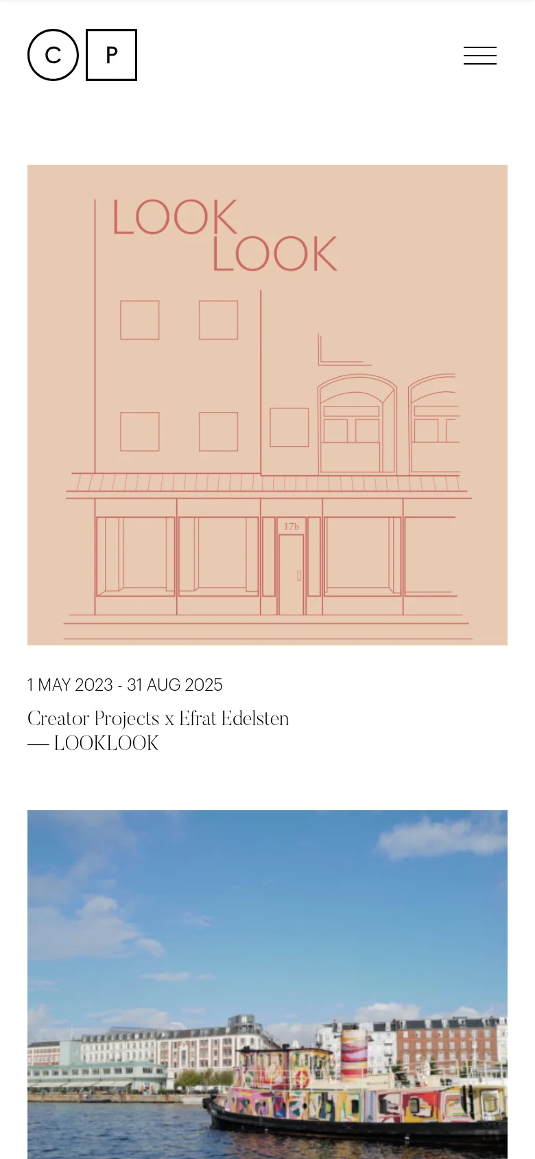 The mobile version maintains the minimalist aesthetic but transitions to a single-column vertical scroll. The navigation menu is collapsed into a hamburger icon at the top right, and the exhibition image tiles are stacked vertically, making each project image and its corresponding text description full-width for easier viewing on a smaller screen.