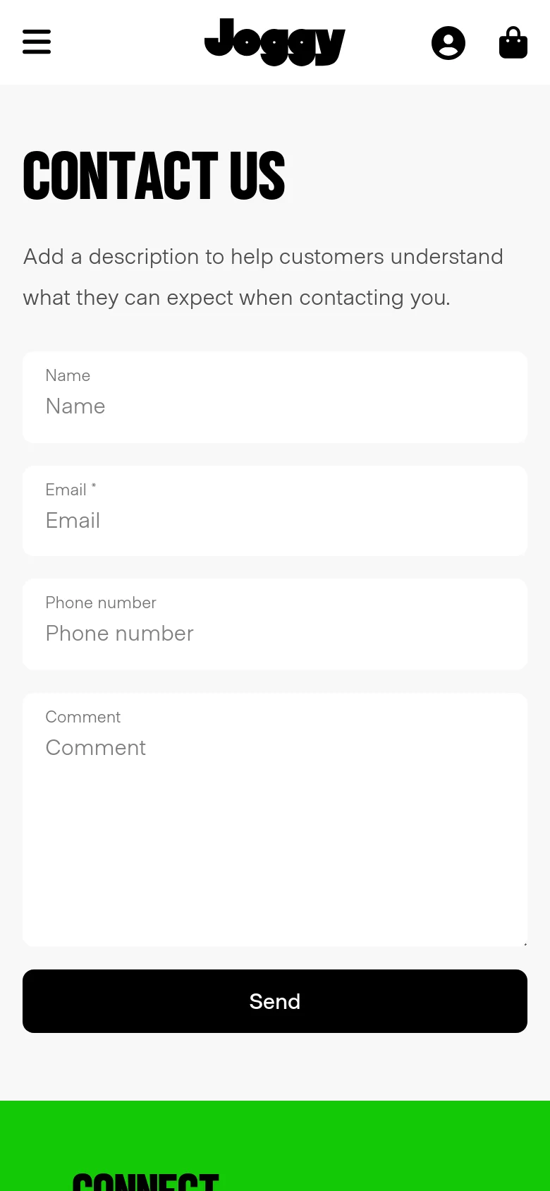 The mobile version stacks the content vertically, placing the large 'CONTACT US' headline and description above the contact form. The form fields and the black 'Send' button span the full width of the screen, and the navigation menu is condensed into a hamburger icon on the left.