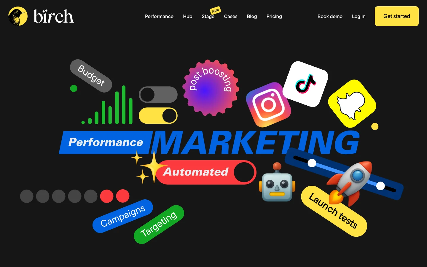 The desktop homepage features a dark background with a vibrant, collage-style hero section containing colorful 3D-style icons and text bubbles like 'Performance', 'Budget', and 'Launch tests'. A navigation bar at the top includes links for Performance, Hub, Stage, Cases, Blog, and Pricing, alongside 'Book demo', 'Log in', and a yellow 'Get started' button. The layout is wide and spacious, centered around large, playful typography.
