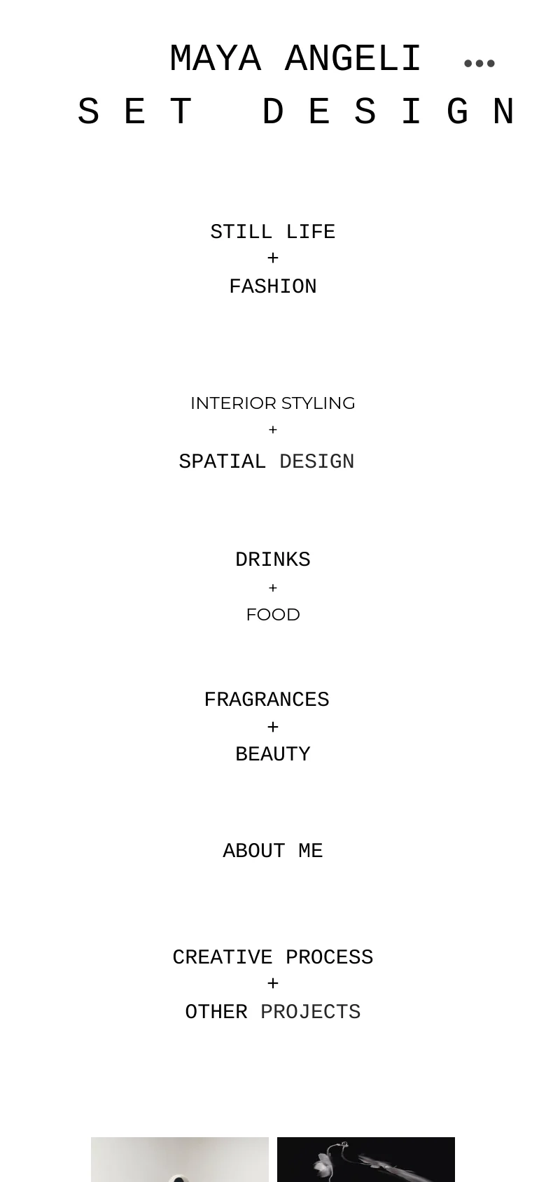 The mobile version presents a simplified, vertically stacked layout with the brand name centered at the top. The navigation links are arranged in a single column of text, followed by large, full-width imagery that scrolls vertically.