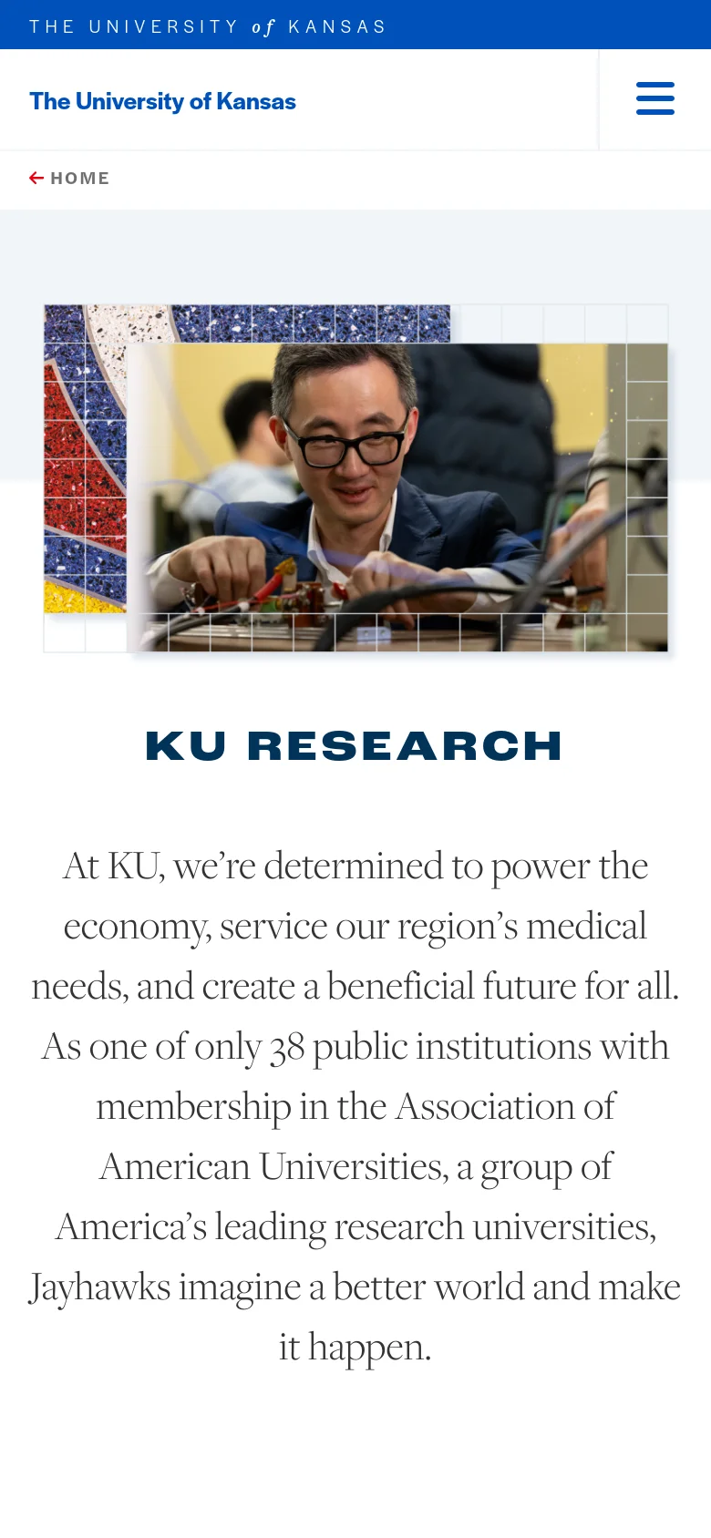 The mobile version presents a vertically stacked layout, starting with a condensed header and a hero image of a researcher. The 'KU RESEARCH' headline and text follow, with navigation elements and content simplified into a single-column scroll for easier reading on small screens.