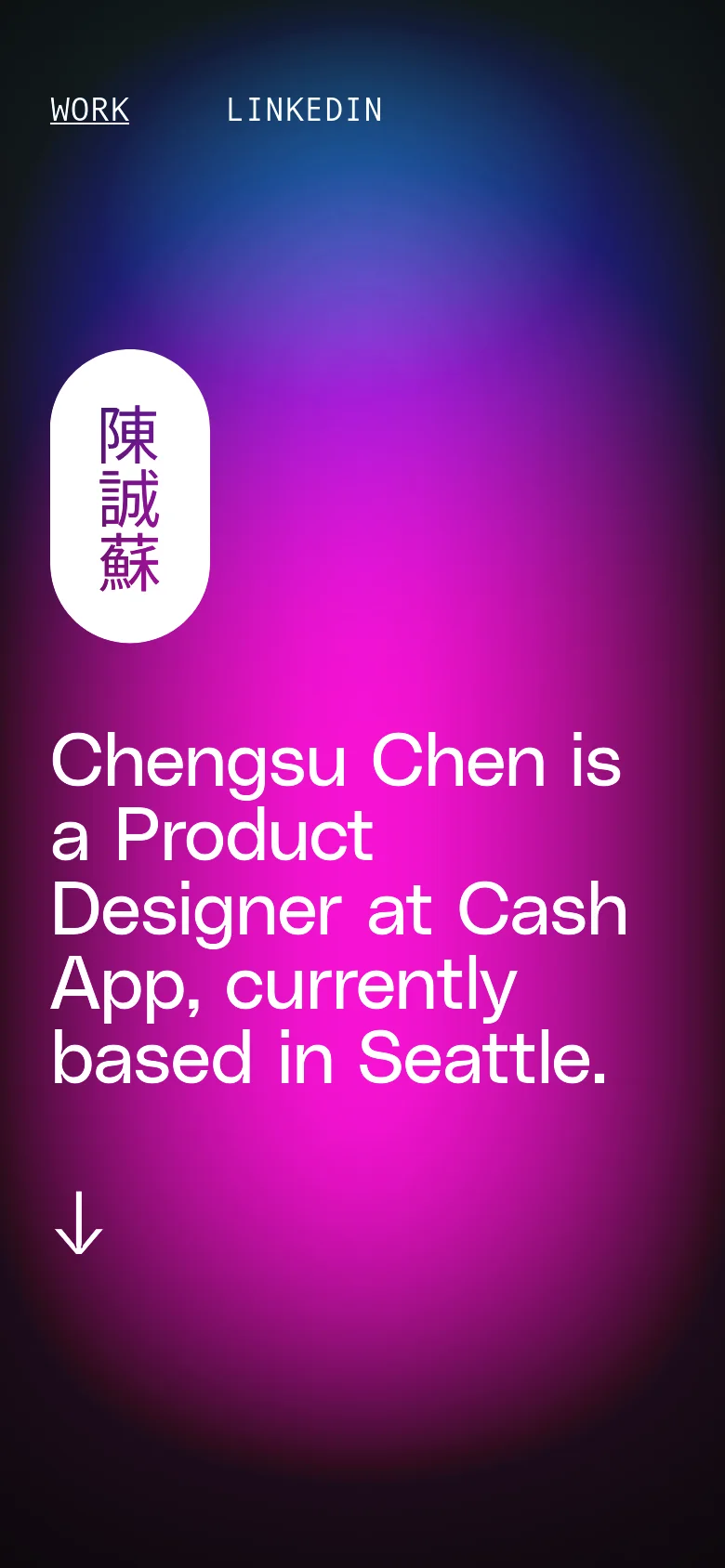 The mobile version maintains the colorful blue and pink gradient background but shifts to a vertical orientation. The text is centered and stacked, with the white pill-shaped icon and the large headline appearing above a downward arrow icon to encourage scrolling.