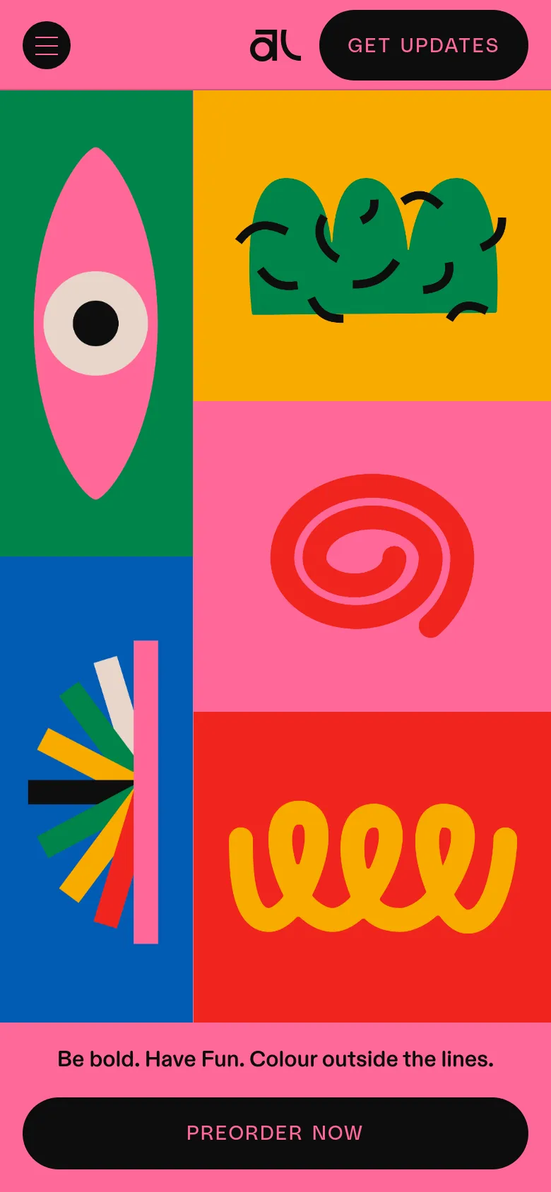 The mobile version rearranges the colorful abstract blocks into a single vertical column for easier scrolling. The large geometric shapes and icons remain, but the layout is stacked, and the 'PREORDER NOW' call to action is moved to a large black button at the bottom of the screen.
