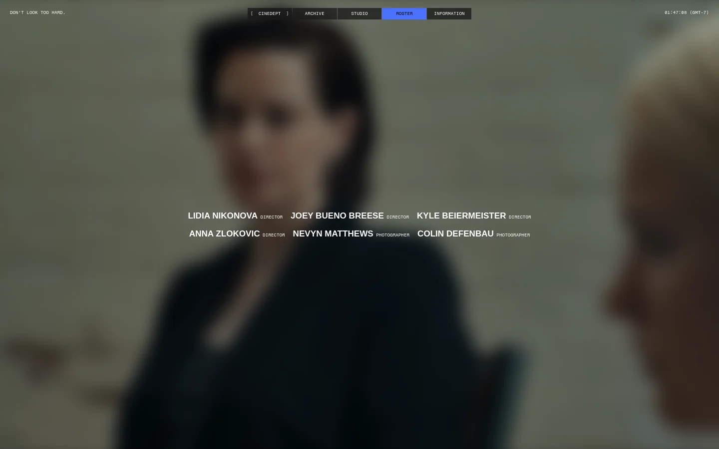 The desktop roster page features a dark, cinematic aesthetic with a large, blurred background image of people. A navigation menu at the top includes links for Archive, Studio, Roster, and Information, with 'Roster' highlighted in blue. Centered on the screen is a list of names and roles, including Lidia Nikonova, Joey Bueno Breese, and Kyle Beiermeister, all listed as Directors.