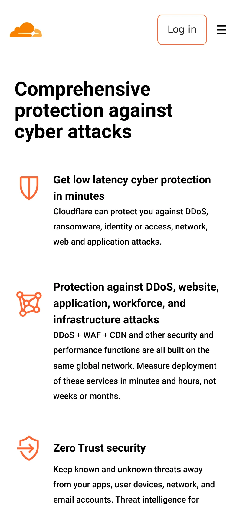 The mobile version simplifies the layout into a single vertical column, placing the Cloudflare logo and a hamburger menu at the top. The headline and descriptive text sections with orange icons are stacked vertically, and the contact form is moved below the main content to fit the narrow screen width.